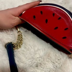 Watermelon navy/red leather wristlet purse with black beads, gold zipper&chain